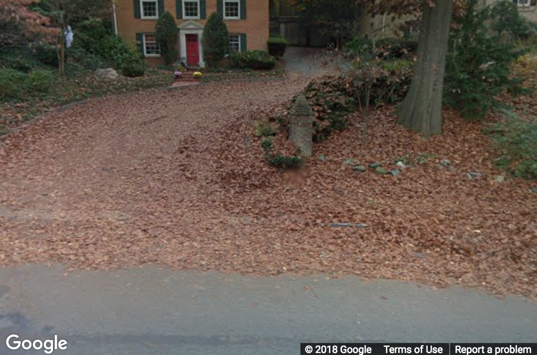 A Street View image of a large amount of dead leaves on a sidewalk